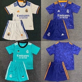 【Kids 】เสื้อกีฬาแขนสั้น ลายทีมฟุตบอล Real Madrid 2021-22 ชุดเหย้า และกางเกงขาสั้น สําหรับเด็กอายุ 2-13 ปี