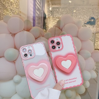 เคสไอโฟน] กันฝุ่นกันกระแทก เคสกริ๊บต๊อก กระจกรูปหัวใจ สีชมพู Apple11 12 13Pro เคสมือถือ TPUนุ่มนิ่ม iPhone XR XSMax 7 8plus