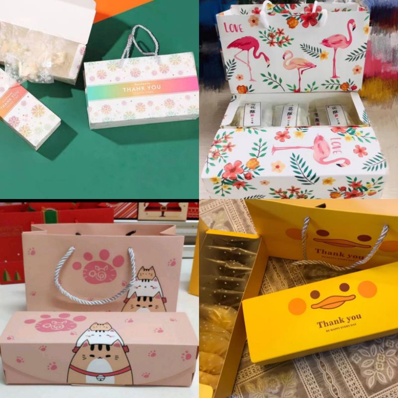 ส่งเร็ว!!ส่งทุกวัน!!กล่อง+ถุงหิ้ว10ชุดมีหลายลายใส่คุ๊กกี้ ขนม ทาร์ต มาการอง