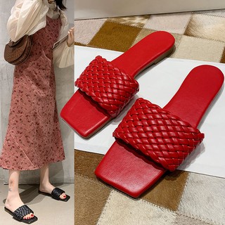 Korean Style Women's Flat Slide Square Toe Sandals
