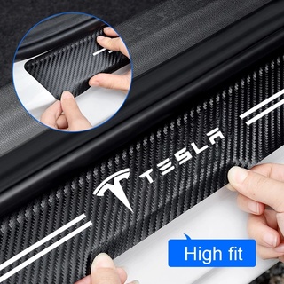 Tesla อุปกรณ์เสริม4 cs Leather rotective Stickers Carbon Fiber Car Door Sill Stickers Auto Accessories For Tesla Model 3