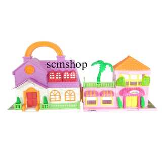 SCM Shop บ้านตุ๊กตาสองชั้น พับเป็นกระเป๋าหิ้วได้ มีต้นมะพร้าว 2in1 Happy House Dream House