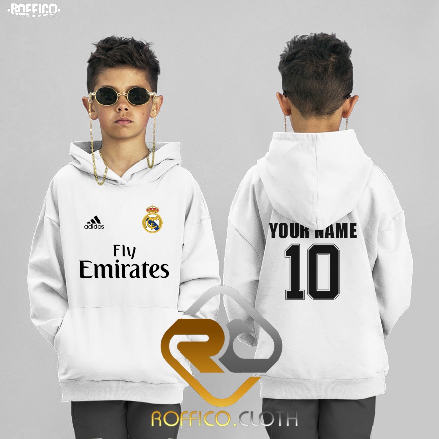 Real madrid fly emirates เสื้อแจ็คเก็ตสเวตเตอร์มีฮู้ดสําหรับเด็กสามารถปรับแต่งชื่อและหมายเลข