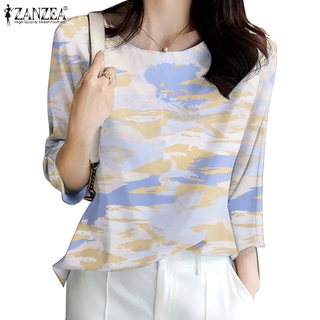 Zanzea เสื้อเชิ้ตลําลอง แขนห้าส่วน พิมพ์ลาย ทรงหลวม สไตล์วินเทจ สําหรับผู้หญิง