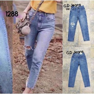 G.D.Jeans รุ่น 1288#กางเกงยีนส์ขายาวผ้าด้านทรงบอยสีฟอกแต่งขาดหน่วยๆ