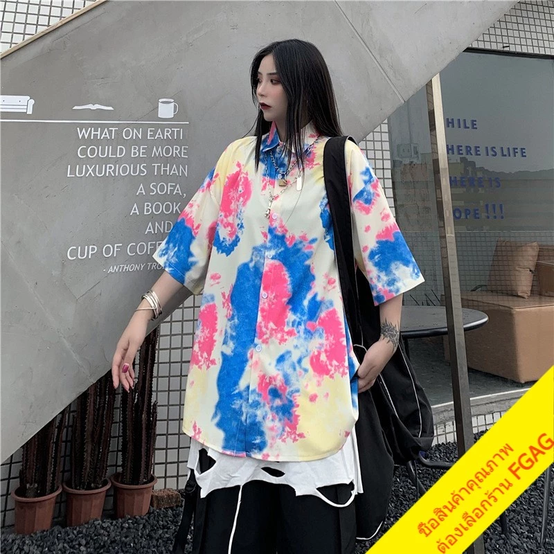 เสื้อเชิ้ตมัดย้อมแขนสั้นผู้หญิง oversize เสื้อผ้าแฟชั่นวินเทจ สไตล์เกาหลี เสื้อโอเวอร์ไซส์สีพาสเทล ไซส์ใหญ่ thumbnail 9