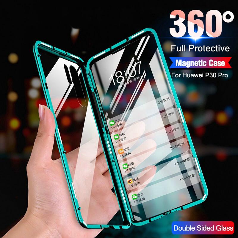 เคส Huawei P30 สองด้านด้านหน้า + หลังกระจกแม่เหล็กดูดซับ 360 เต็มร่างกายป้องกันแม่เหล็กฮาร์ดปกหลัง