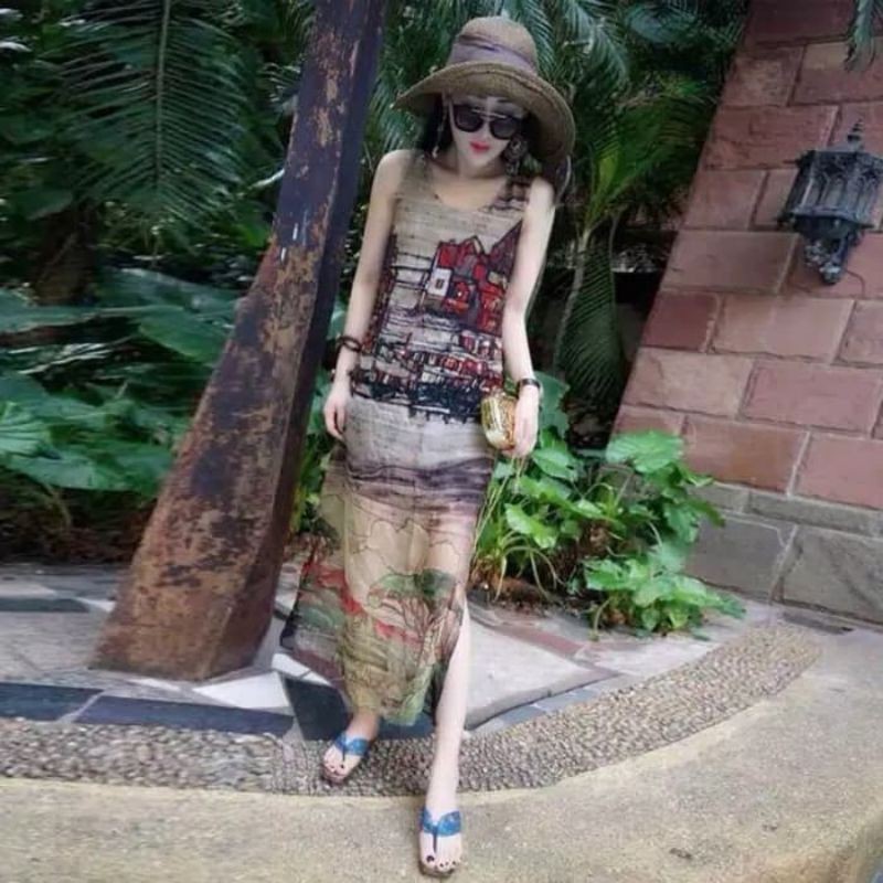 Dhs โบฮีเมียนนําเข ้ าสไตล ์ เดรสชีฟอง O-คอ Motif Maxi Dress เกาหลีรุ ่ น