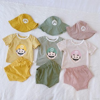 Babyme เสื้อแขนสั้นพิมพ์ลายการ์ตูน + กางเกง Pp + หมวกสําหรับเด็กผู้ชายผู้หญิง 3 ชิ้น