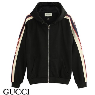 Gucci เสื้อแจ็คเก็ตแฟชั่นสําหรับ Unisex ผ้าฝ้ายแขนยาวมีฮู้ดติดซิป