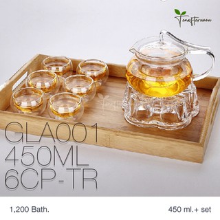 GLA001-450MLุ-6CP-TR กาแก้วใส ก้านจับแนวนอน ขนาด 450 ml, แก้วสองชั้น 50ml 6 ใบ, ถาดไม้แบบเสิร์ฟมีช่องจับ, เตาอุ่น