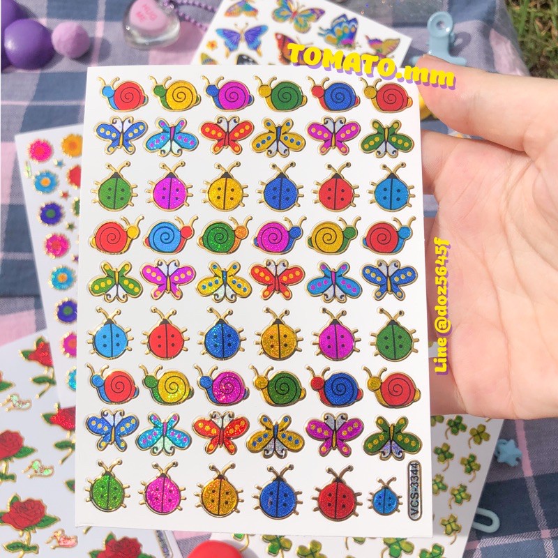 [ ดอกไม้ ผีเสื้อ แมลง แฟรี่ ] สติกเกอร์โฮโลแกรม 90's 80's แผ่นละ10บาท ขอบทอง ม็อบแม๊บ