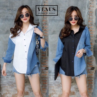 VN#มี2สี#เสื้อเชิัตเกาหลี#เชิ้ตตัดต่อผ้า#เชิ้ตผู้หญิง#Venus