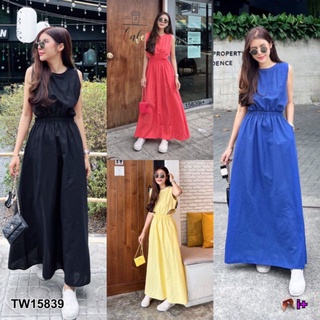 Maxidress แขนกุดเว้าเอวผ้าลินินทรงสวยเก๋