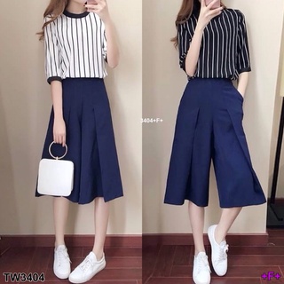 👗Pfashion [ส่งไว!!🚛] P3404 เซท2ชิ้น เสื้อริ้วแขนศอก กับกางเกงจีบหน้า Set of 2 pieces, elbow sleeves with pleat