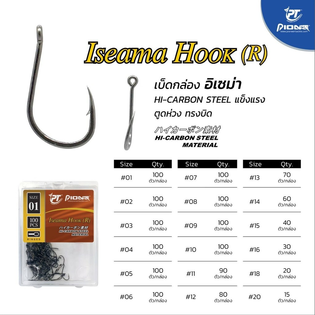 เบ็ดกล่อง อิเซม่า ISEAMA HOOK (R) HI-CARBON STEEL ตูดห่วง ทรงบิด by PIONEER