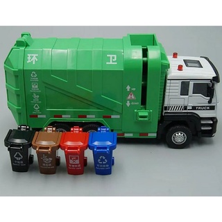 โมเดลรถบรรทุกขยะ 1:50 Diecast รุ่นของเล่นขยะรถบรรทุก Dumpcart ดึงกลับ กดมีเสียง-ไฟ พร้อมถังขยะ 4 ชิ้น ขนาด 17×8 ซม.