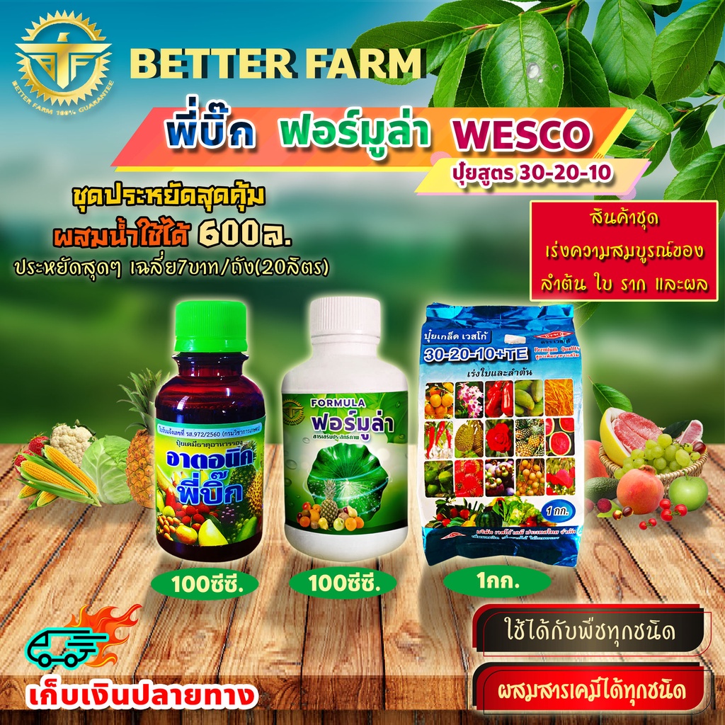 สินค้าชุด 1.พี่บิ๊ก 100มล.(ฮอร์โมน) + 2.WESCO (ปุ๋ย 30-20-10) 1กก. + 3.ฟอร์มูล่า 100มล.(สารจับใบ)