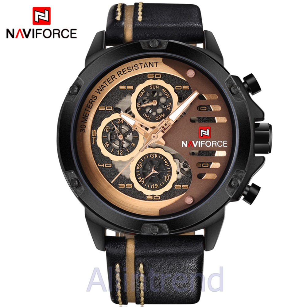 นาฬิกา Naviforce รุ่น NF9110M สีทองชมพู สายสีดำขีดสีแทน ของแท้ รับประกันศูนย์ 1 ปี #NF NF9110