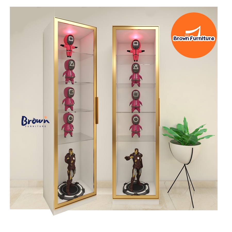 ตู้โชว์กระจก 🌈มี2สี ประตูSoftClose เลือกฝั่งเปิดประตูได้ W60x40x230cm.BROWNFURNITURE