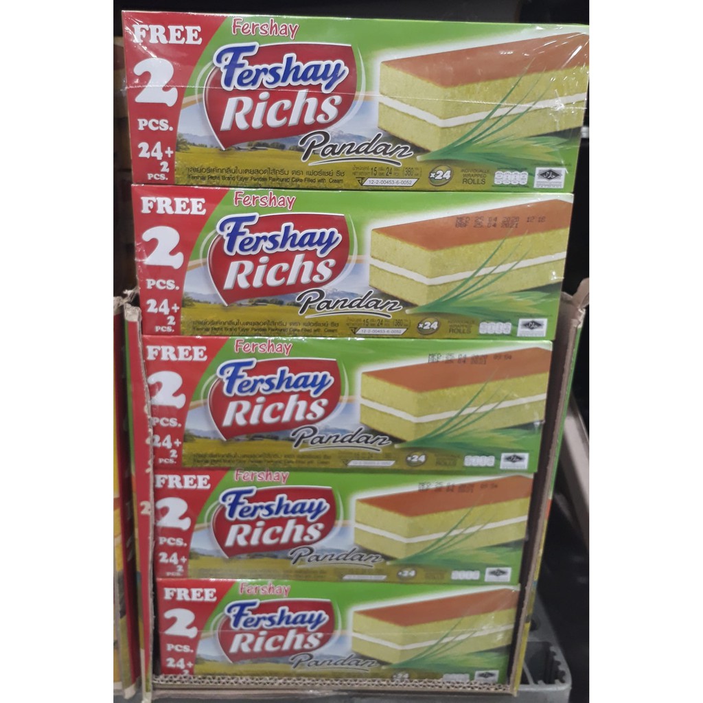 ส่งฟรี  FERSHAY RICHS PANDAN เฟอร์เชย์ ริชเค้ก กลิ่นใบเตยสอดไส้ครีม ขนาด 15กรัม ยกกล่อง 24ชิ้น     ฟรีปลายทาง