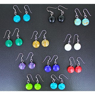 ต่างหูหินสี กลม 14 mm. ขอเกี่ยวเงินแท้  925 งานเจียด้วยมือ  Stone silver hook Hand made Stone earring