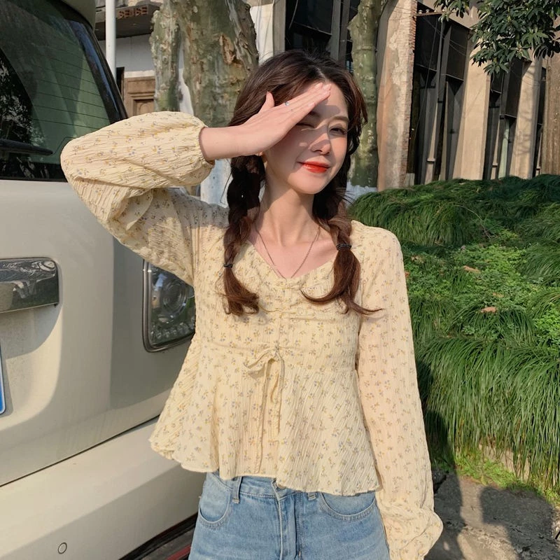 เสื้อชีฟองแขนยาวลายดอกไม้ สไตล์เกาหลี 2021