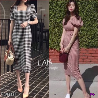 TwinsShopVip💗พร้อมส่ง TW5686 เดรสลายสก็อต คอเหลี่ยม Plaid dress with square neckline