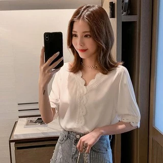 🔥ส่งไวจากไทย🔥 MSD พร้อมส่ง แฟชั่นสตรี เสื้อชีฟอง เสื้อเชิ้ตแขนสั้น สีขาว คอวี ผ้าดี