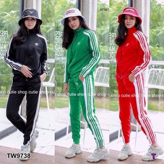 TW9738 Set เสื้อแจ็คเก็ต+กางเกงวอร์มแต่งแถบ&amp;สกรีน