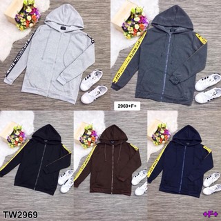 TwinsShopVip💗พร้อมส่ง TW2969 เสื้อกันหนาวซิปหน้าแขนแถบตัวอักษร