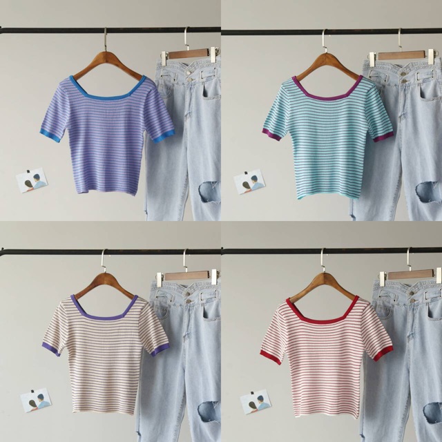 🦋Sun-day🦋 เสื้อยืดไหมพรหมคอเหลี่ยมแขนสั้น ลายทาง มี4สีให้เลือก CK08