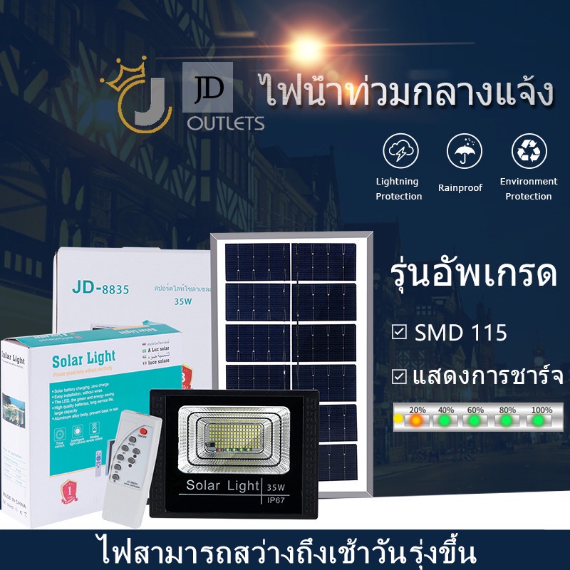 【การรับประกันถาวร】JDของแท้ 30W ไฟโซล่าเซลล์ กันน้ำกลางแจ้ง ป้องกันฟ้าผ่า Solar light แสงสีขาว สว่างอัตโนมัติเมื่อฟ้ามืด