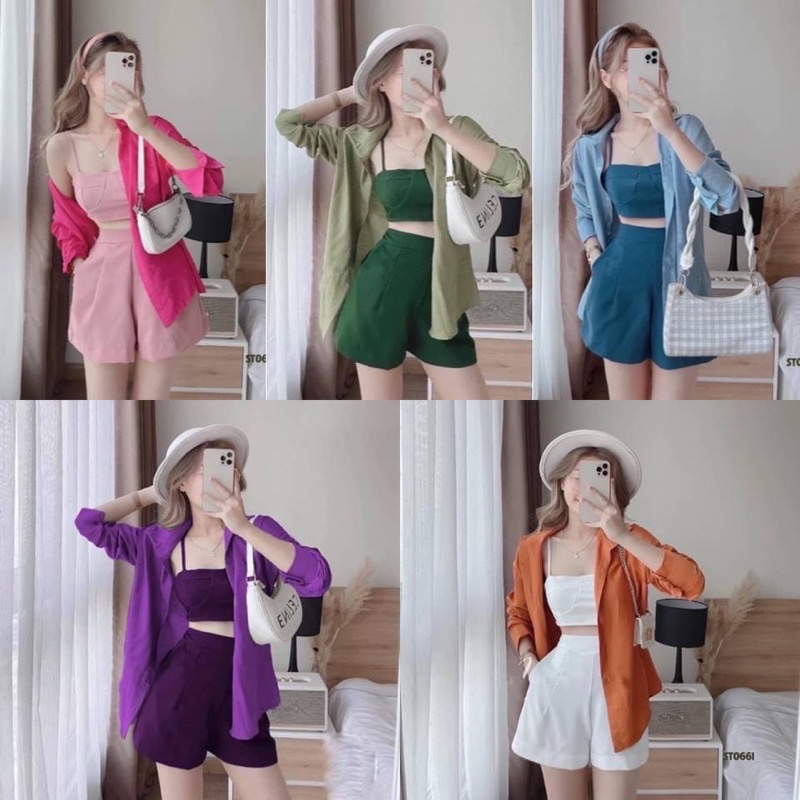 💚CTM💚ชุดเซ็ต 3 ชิ้นงานป้ายนำเข้า เสื้อคลุมคอปก งานกระดุมหน้า เสื้อสายเดี่ยวสม็อคหลัง กางเกงเอวยืดตาม