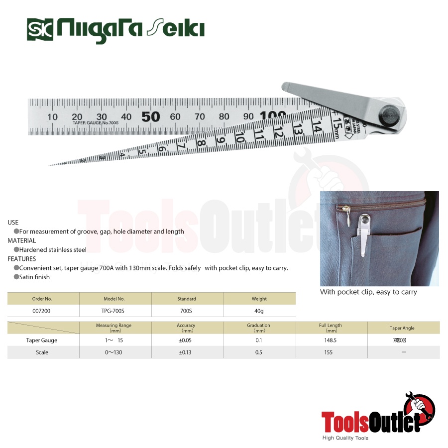 SK Niigata Seiki Taper Gauge with ruler เตเปอร์เกจพร้อมไม้บรรทัดแสตนเลสรุ่น TPG-700S (007200) - รูปที่ 2