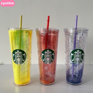  Starbucks 710ML Snowflake Cup Sensitive Cup With Plastic Straw Coffee Cup Double layer laser girls plastic cup ins style CYNTHIA