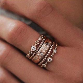 5PCS/Set Fashion Women Lady Rose Gold Metal Rhinestone Crystal Elegant Rings Wave Shape Ring Set Jewelry