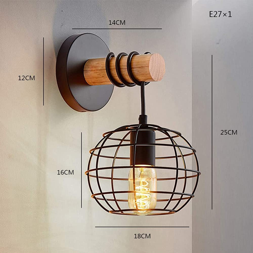 Vintage Wall Light E27 Industrial Design Modern โคมไฟข้างเตียงโคมไฟกรงทำจากเหล็กและไม้ห้องนอน Corridor ห้องนั่งเล่น - รูปที่ 2