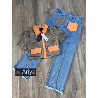 พร้อมส่ง 🌤 Ariya Size L 🌈 SET เสื้อสก็อตสีเหลือง มาคู่กับกางเกงยีนส์ สวยเป๊ะ จัดเลย