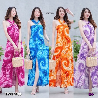 Maxi Dress แม็กซ๊่เดรสคล้องคอ มีซับใน ผ้าสปันลายมัดย้อม สวมใส่สบาย AP17403