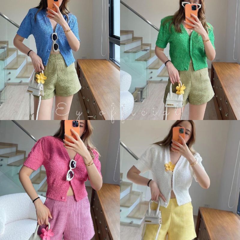 Ey_official🍒🥑2426/BO#เสื้อแขนสั้นคอVแต่งกระดุมหน้า3เม็ดเนื้อผ้าไหมพรม#