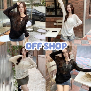 OFF SHOP พร้อมส่ง (OFF-2119-1) เสื้อถักไหมพรมแขนยาว ดีเทลซีทรูเบาๆ เชือกถักเก๋