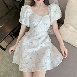 Small white puff sleeve short floral dress