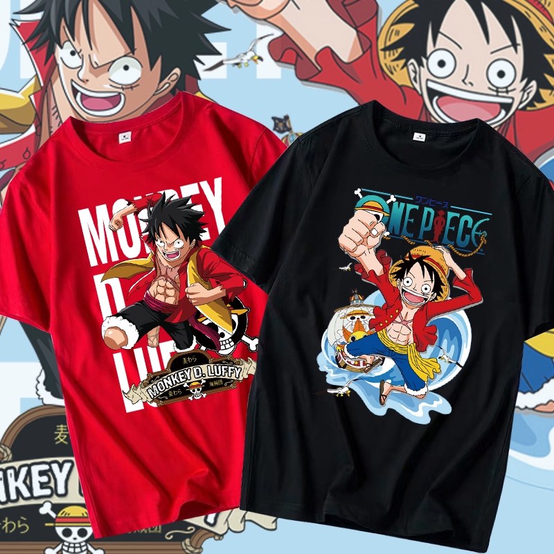 เสื้อยืดแขนสั้นลําลอง พิมพ์ลายการ์ตูนลูฟี่ สไตล์ญี่ปุ่น สําหรับผู้ชาย 海