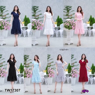 Dress เดรสลูกไม้ แขนคลุมไหล่ คอวี มีซิปหลัง  ชายเดรสแต่งระบาย 2 ชั้น สวยน่ารัก AP17307