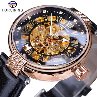 Forsining 2019 Elegant Women Diamond Skeleton Display Design Luxury Lady Automatic Watches Luminous Hands Black Genuine