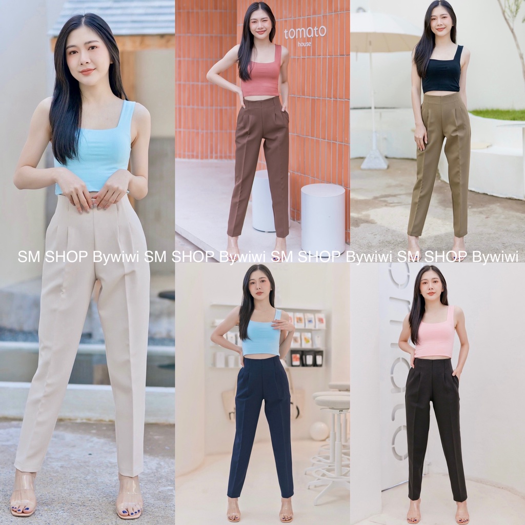 รุ่น S3  กางเกงขากระบอก เอวสูงขอบเรียบ งานป้าย SMSHOP ซิปหลัง ผ้าไอวี่ผ้าเปเป้ S – XXL พร้อมส่ง