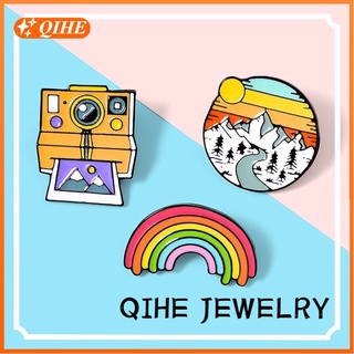 Rainbow Camera Mountains Enamel Pin Outdoors Brooch Sunset Landscape Photo Adventure Lapel Pin  Fashion Jewelry