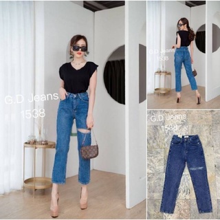 G.D.Jeans รุ่น 1538#กางเกงยีนส์ขายาวผ้าด้านทรงกระบอกเล็กสีเข้มขีดขัดข้างหน้าขาแบบน่ารัก