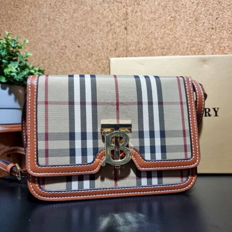 BURBERRY SMALL CHECK CANVAS AND LEATHER TB BAG